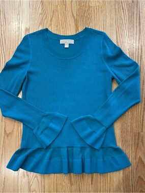 MICHAEL Michael Kors Teal Ribbed Long Sleeve Top with Ruffle Hem